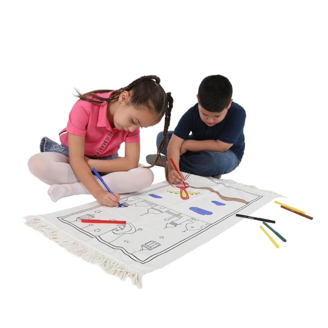 Two children coloring a prayer mat diy