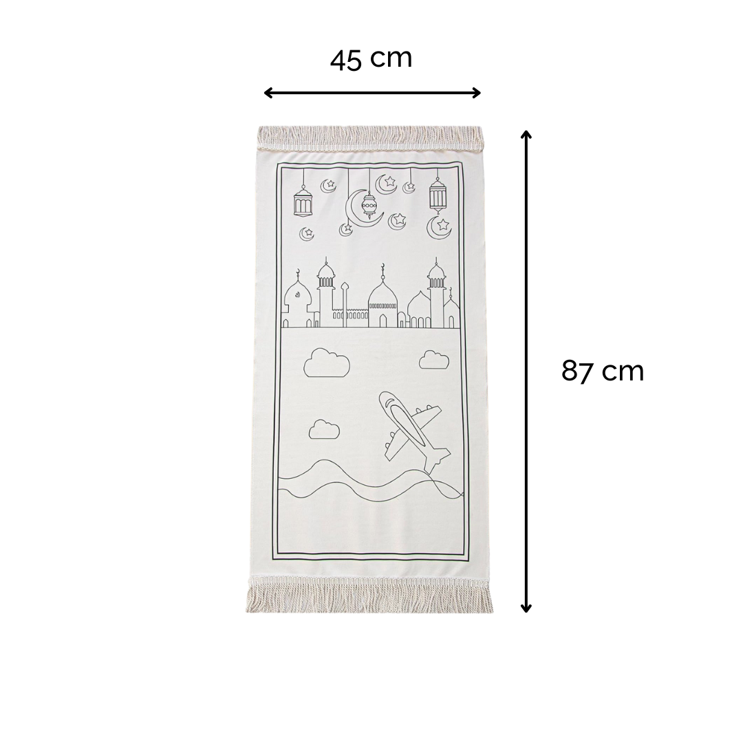 coloring prayer mat with a design of a cityscape, airplane, and clouds, measuring 45 cm by 87 cm.