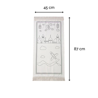 coloring prayer mat with a design of a cityscape, airplane, and clouds, measuring 45 cm by 87 cm.