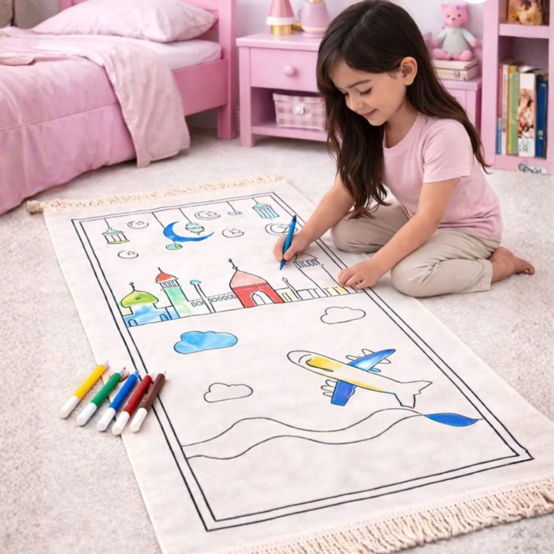 girl coloring a prayer mat